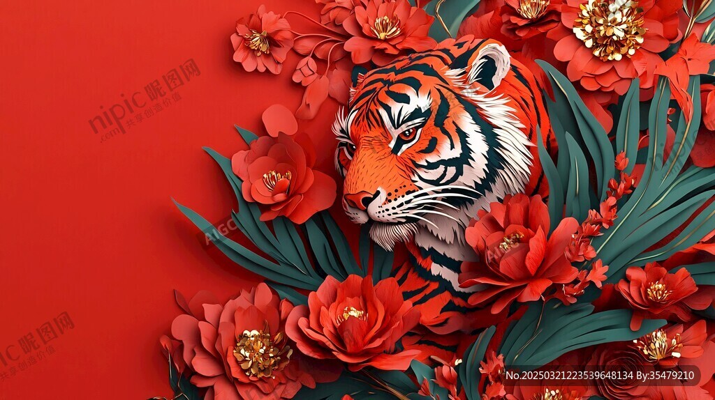 老虎與紅花的藝術(shù)融合