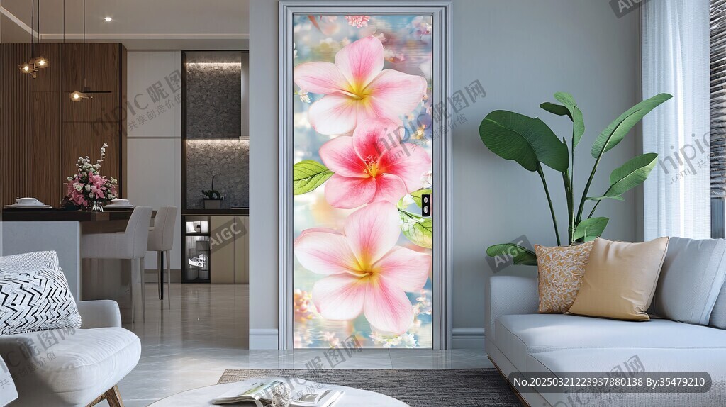 粉色花卉門貼