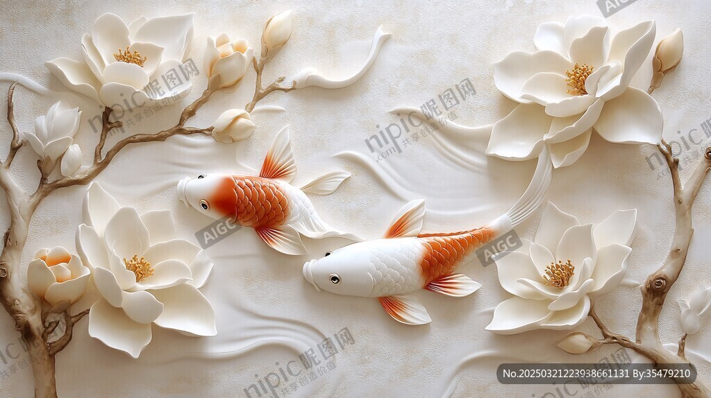 金魚與白花