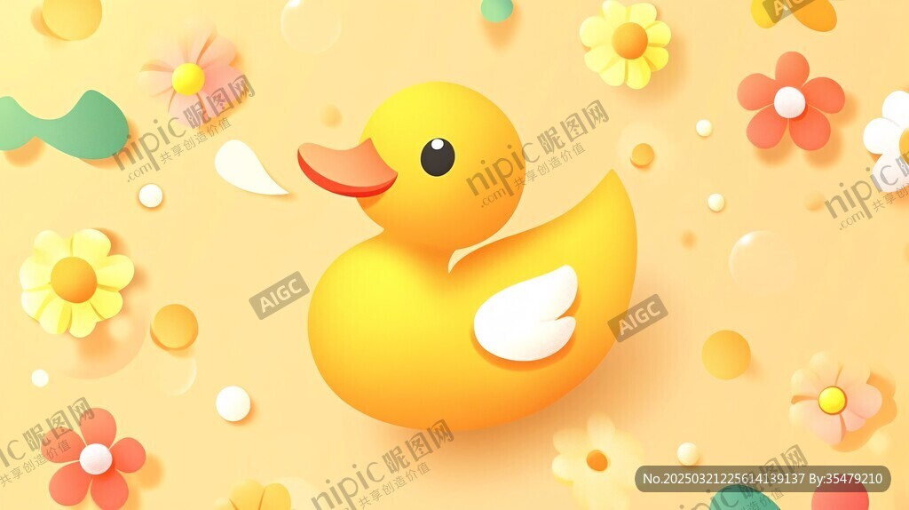 橙色背景上的快樂黃色小鴨子和花朵