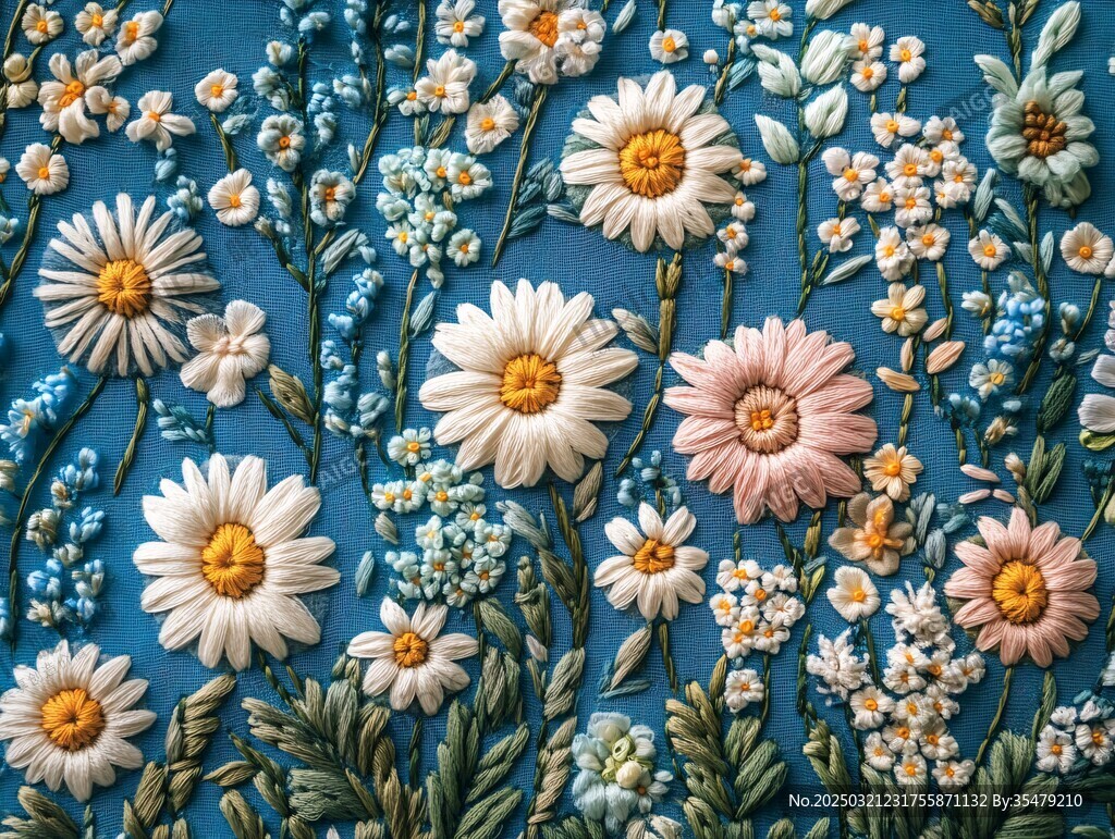 藍色背景上的花卉刺繡藝術(shù)
