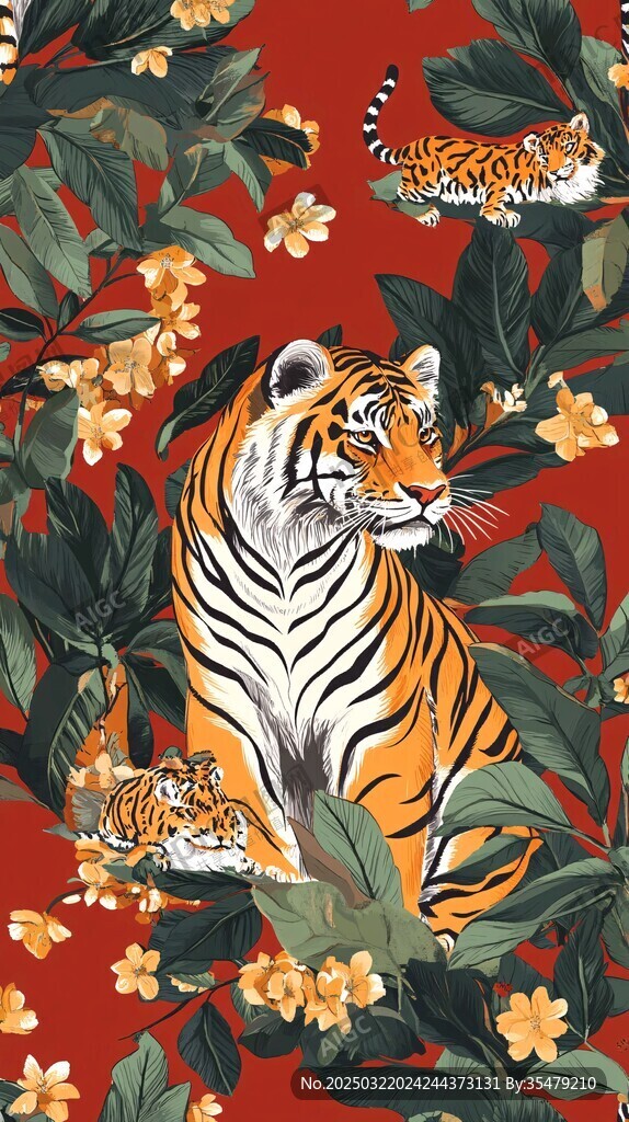 老虎與熱帶花卉的圖案