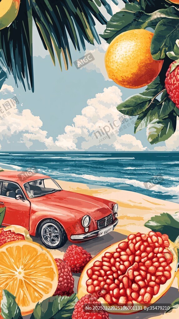 夏日海灘上的復(fù)古汽車與豐收的果實(shí)