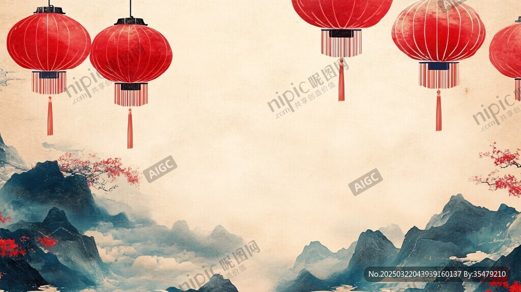 中國(guó)紅燈籠與山水畫(huà)