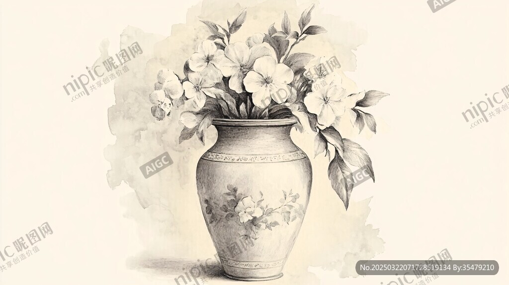 古典花瓶與花卉插畫