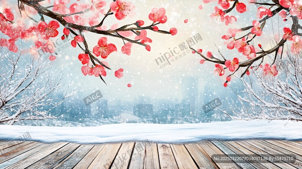 雪中紅梅 城市背景