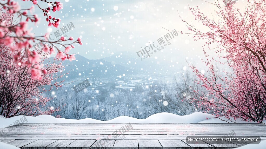 雪中櫻花綻放的山谷