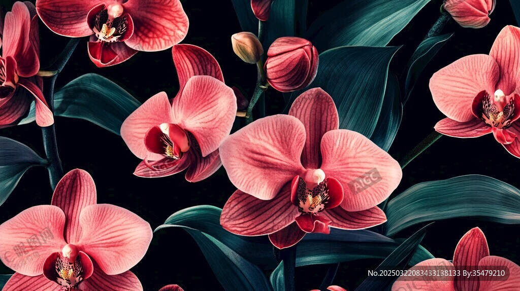 粉紅色蘭花與綠葉圖案