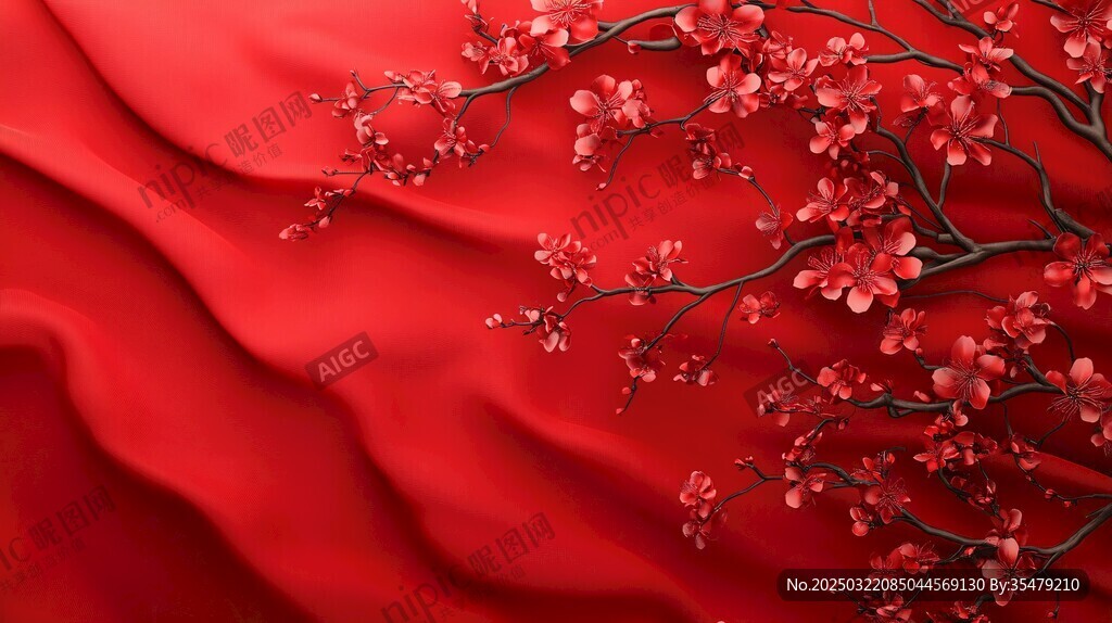 紅色絲綢上的櫻花