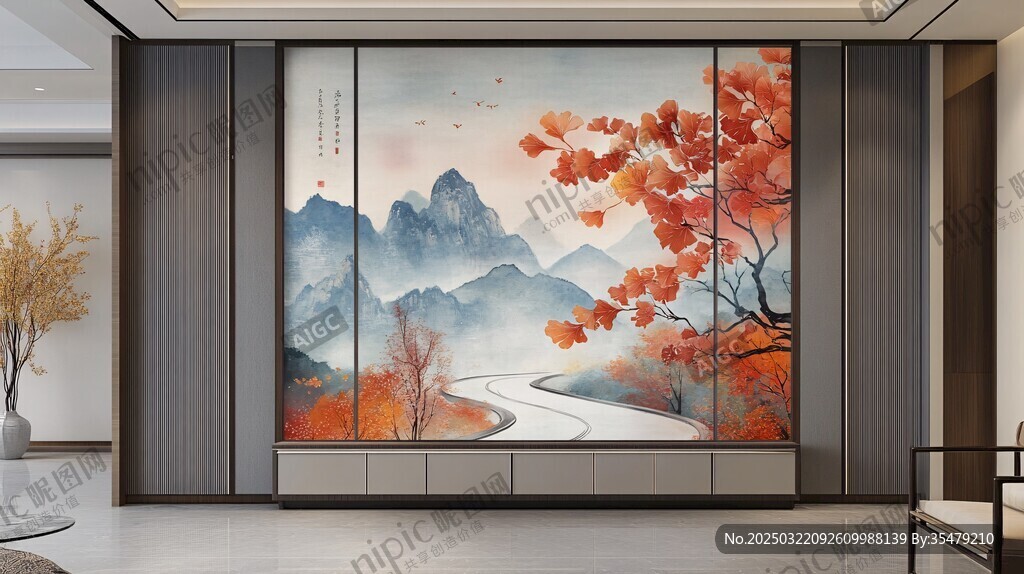 秋日山景壁畫