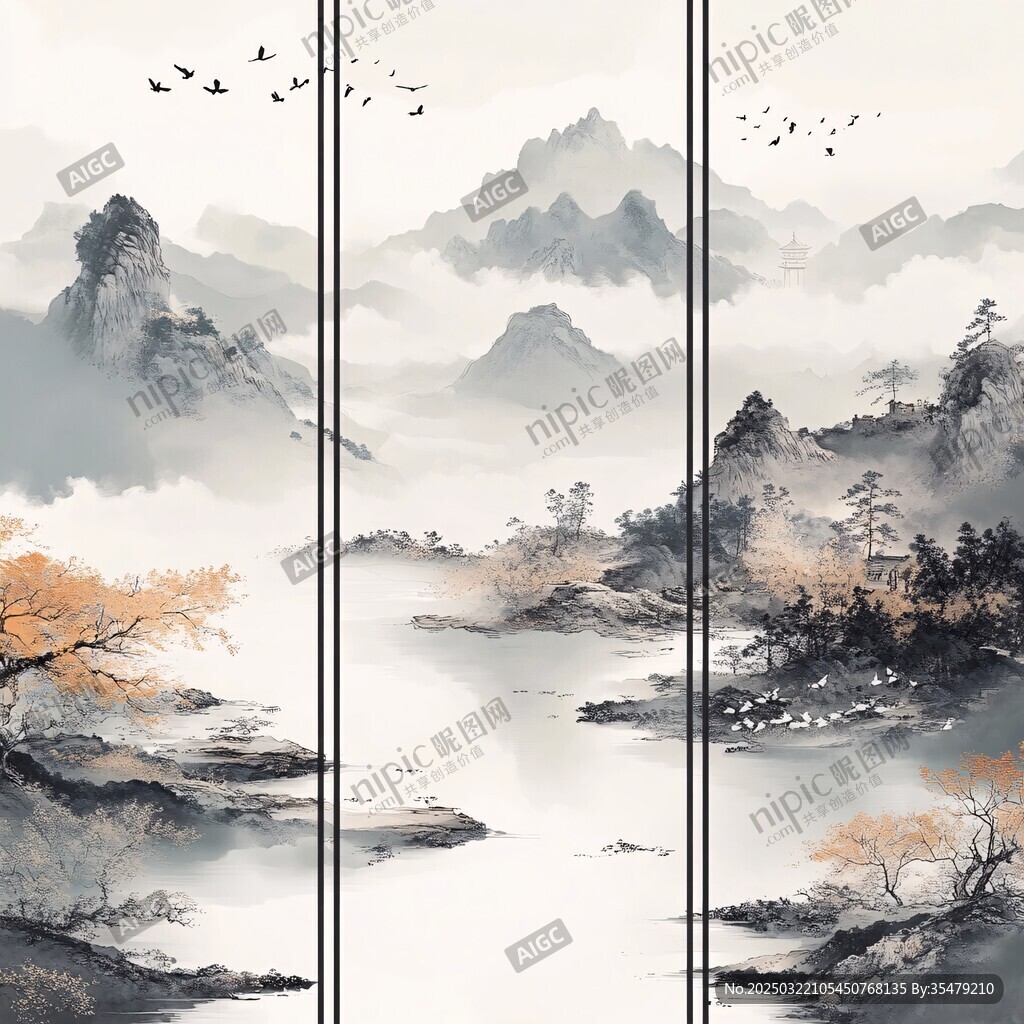 山水畫三聯(lián)屏風(fēng)