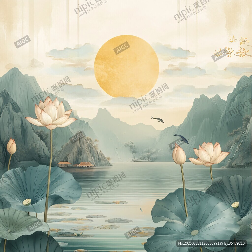 山水蓮花日出圖