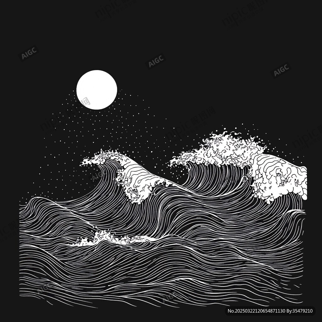 夜幕下的海浪與明月
