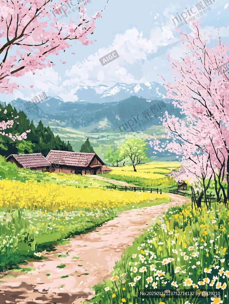 櫻花盛開的鄉(xiāng)村小路