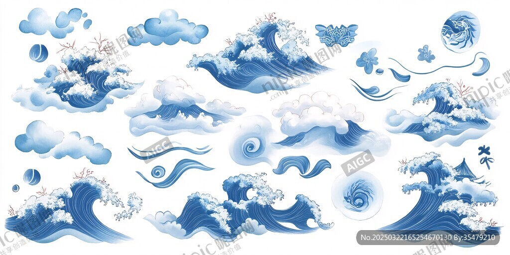 波濤洶涌的海浪與祥云