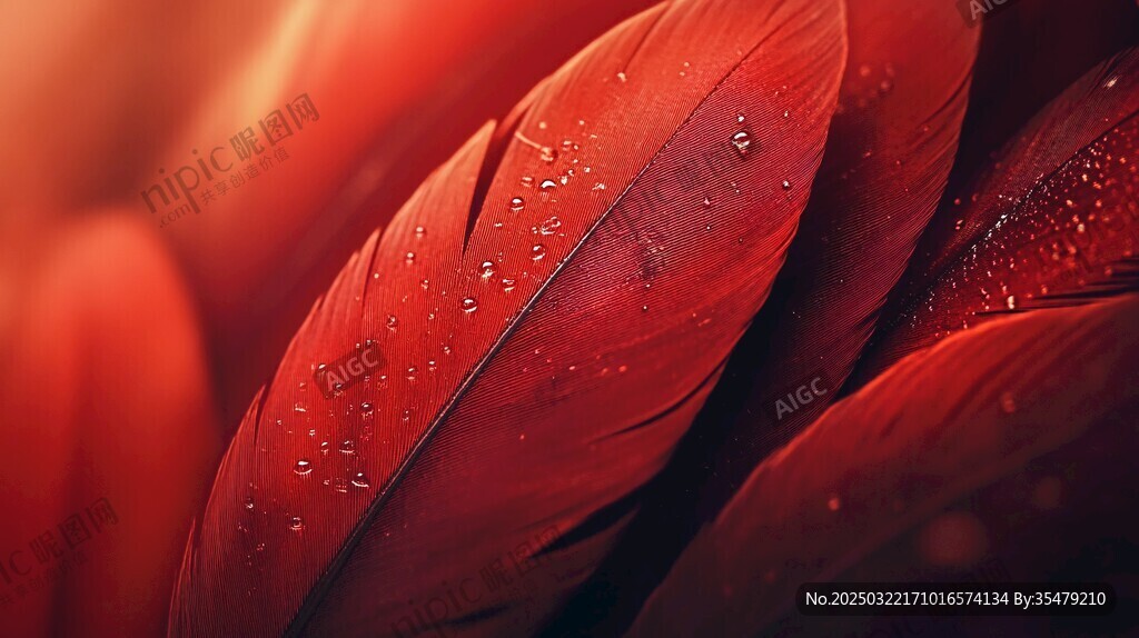 紅羽上的水滴
