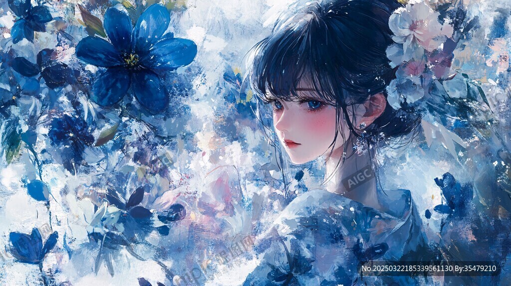 藍色花影中的動漫女孩