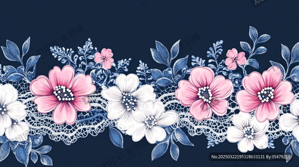 藍(lán)色背景上的粉白色花卉圖案