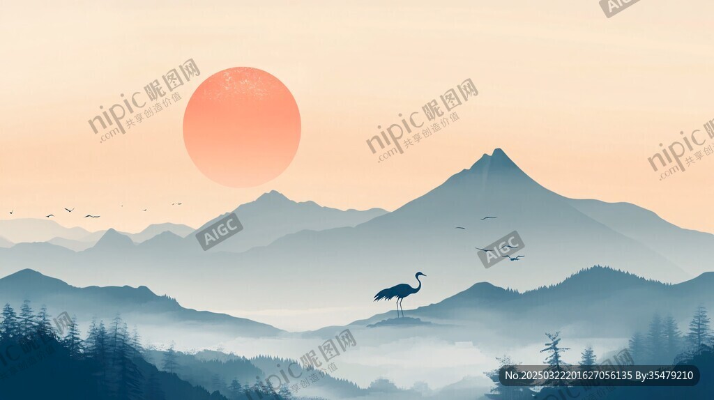 日出山景鶴鳥飛翔
