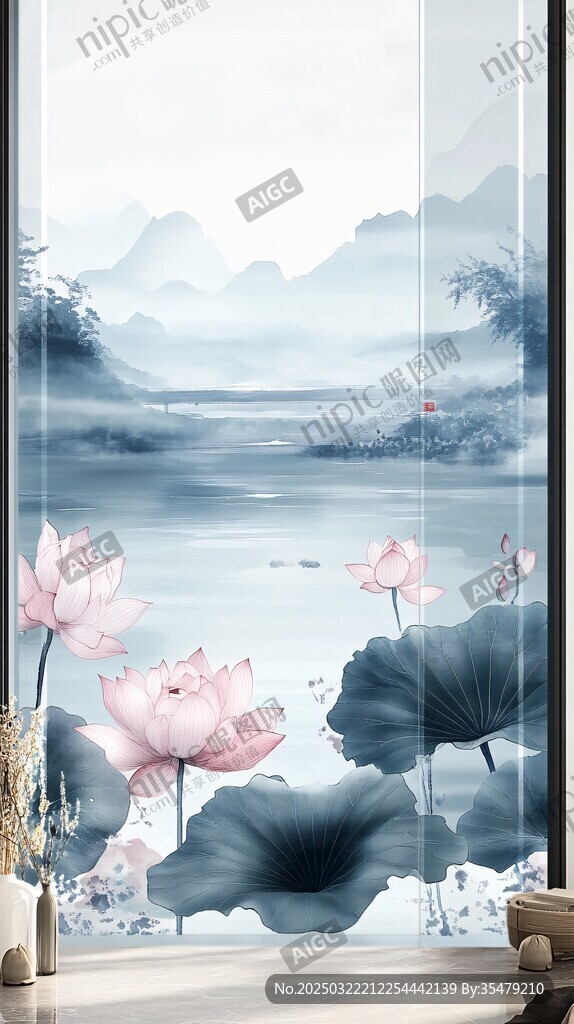 荷花山水畫