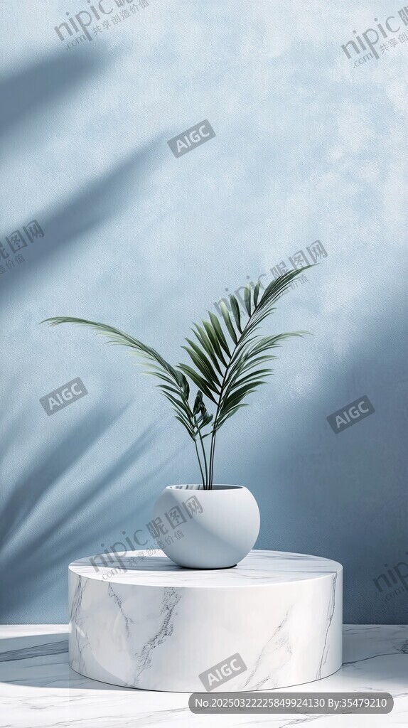 棕櫚植物 藍(lán)色墻壁 白色大理石 簡約風(fēng)格