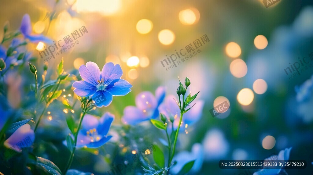 夕陽下的寧靜藍色花海