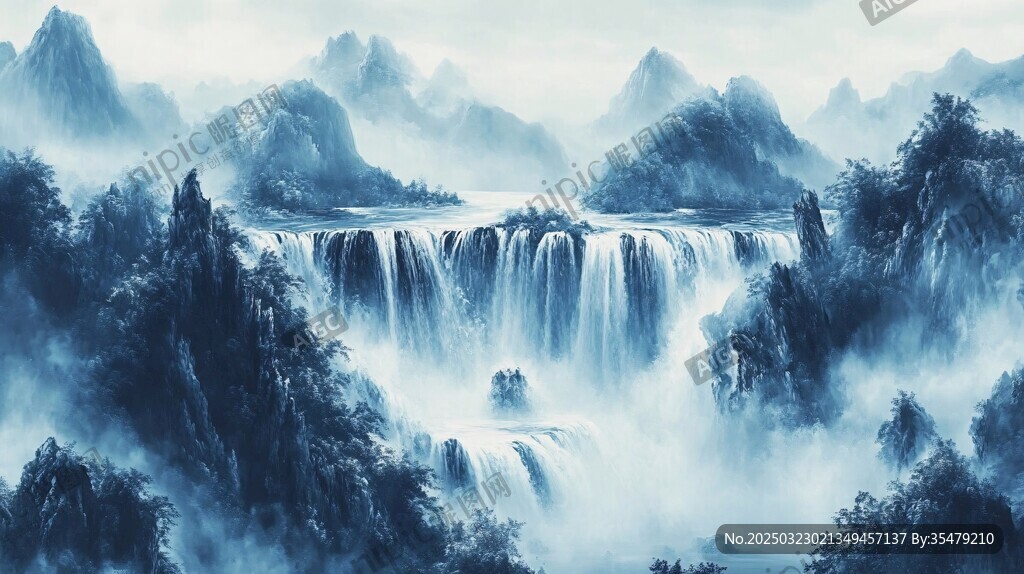 山水畫中的瀑布與薄霧