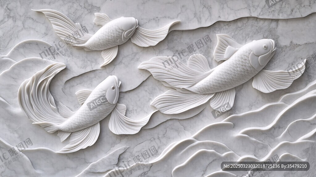 白色大理石上的金魚(yú)雕塑