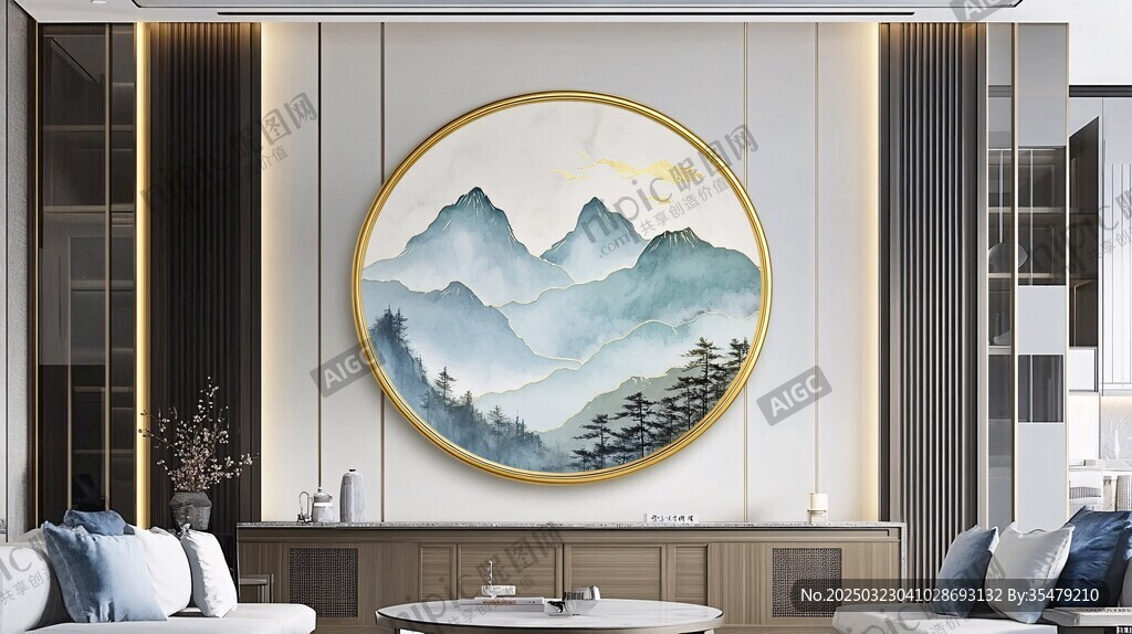 山水畫圓形裝飾畫