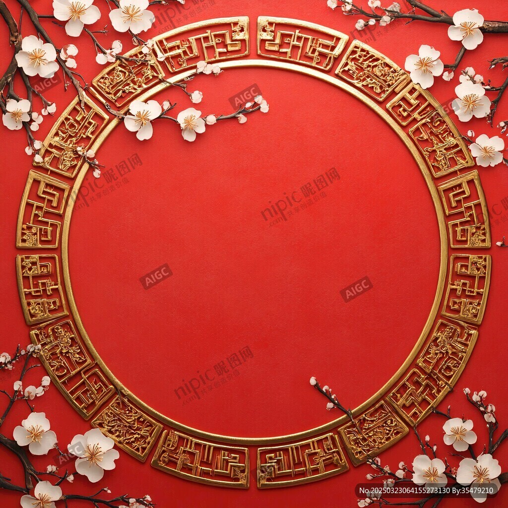 紅色背景上的金色圓形框架和白色花朵