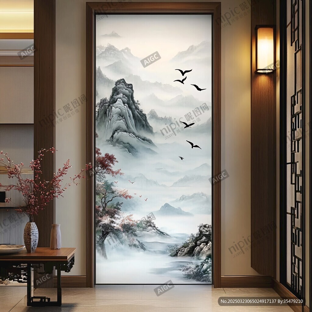 山水畫(huà)風(fēng)格門(mén)貼