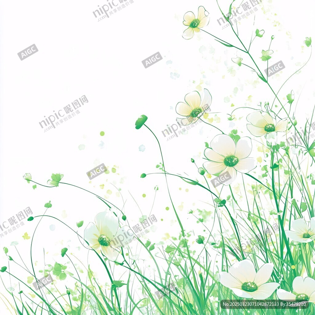 白色花卉與綠色斑點(diǎn)的抽象畫