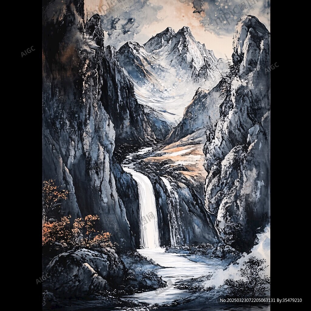 山水畫(huà)中的瀑布與秋樹(shù)