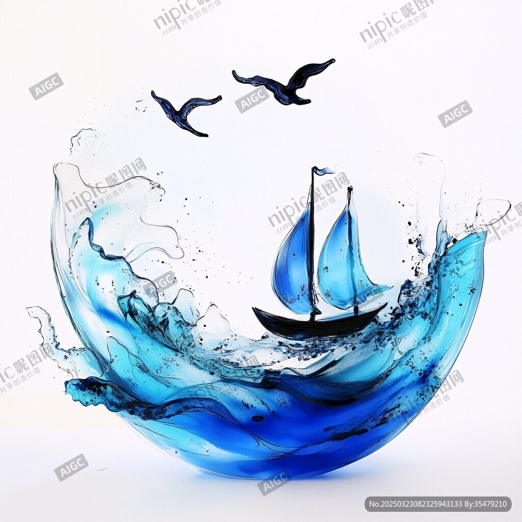 海浪中的帆船與飛翔的海鷗