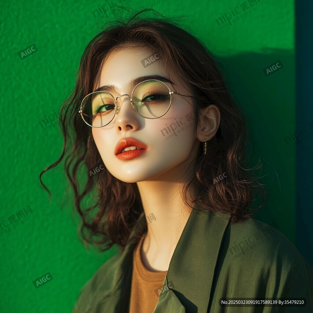 時(shí)尚女性 綠色背景 圓形眼鏡 紅唇 綠色外套 耳環(huán) 陽(yáng)光照射 自然光線 時(shí)尚潮流 美麗女性 攝影作品