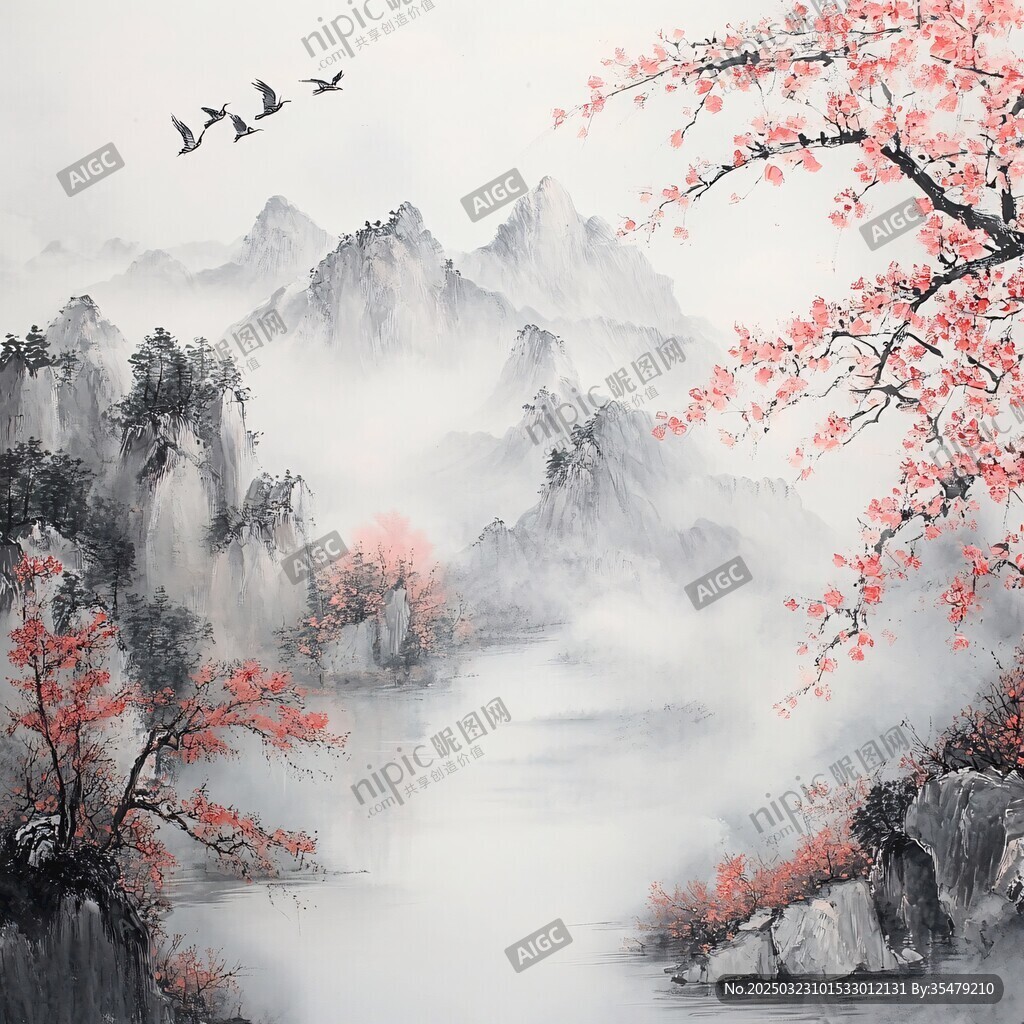山水畫中的桃花與霧里看山