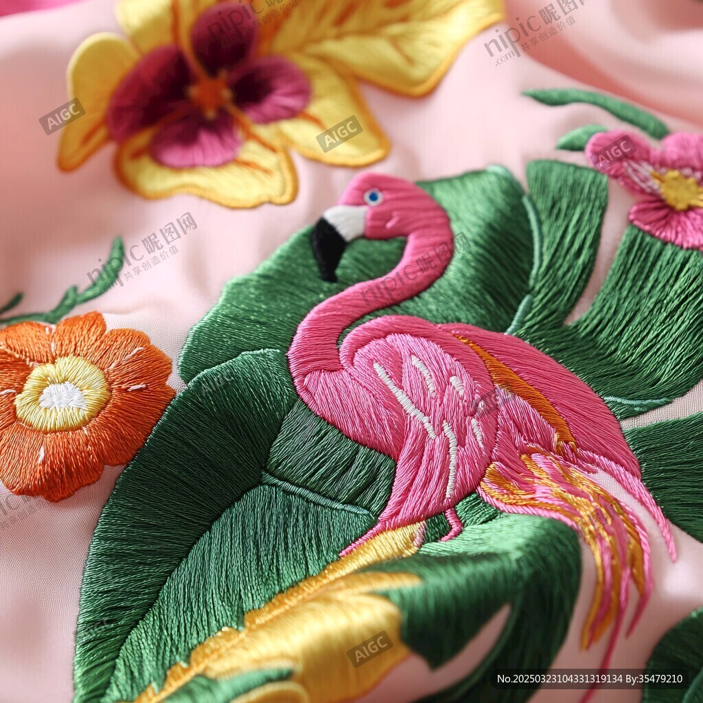 絢麗火烈鳥與熱帶花卉刺繡藝術