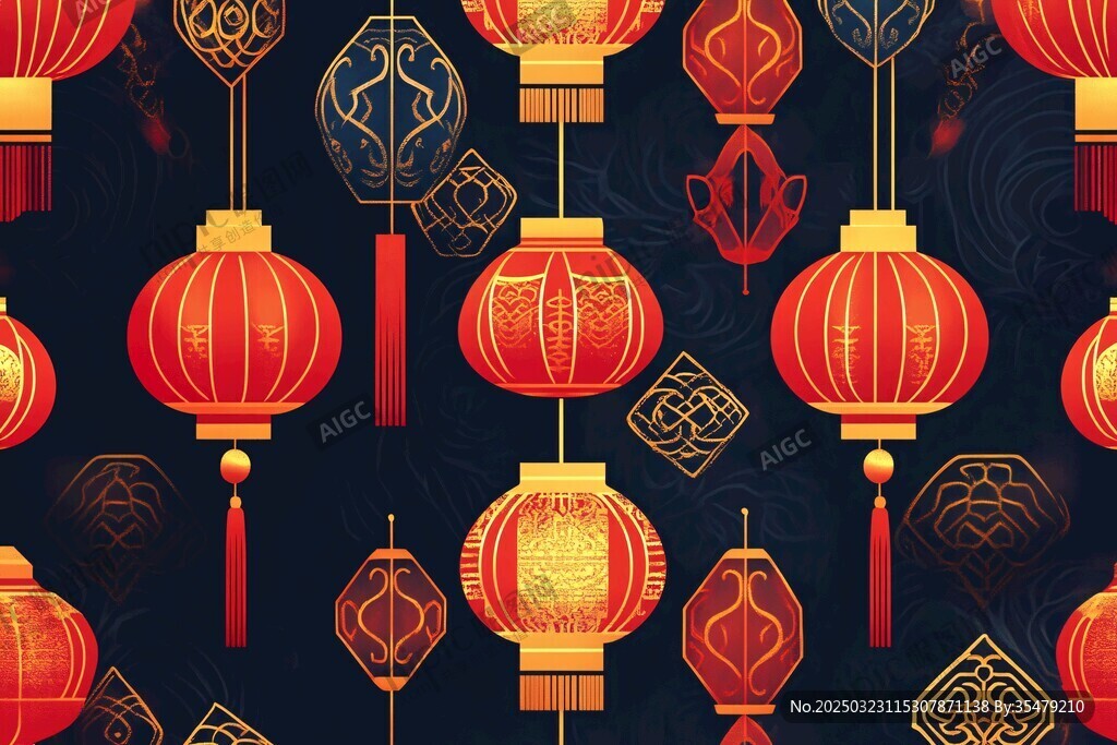 紅色燈籠與金色圖案的無縫圖案