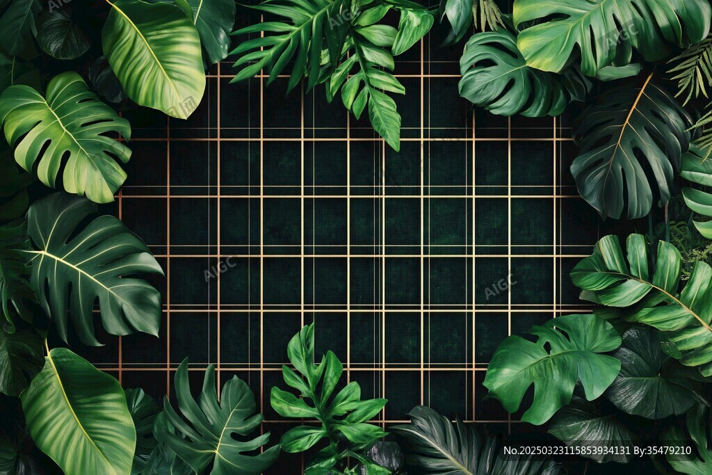 熱帶綠葉與金色網(wǎng)格