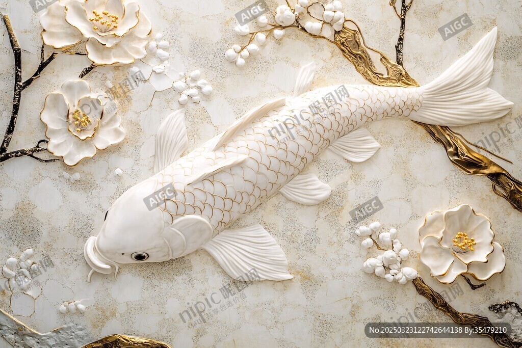 金鱗白鯉 背景花卉壁畫(huà)
