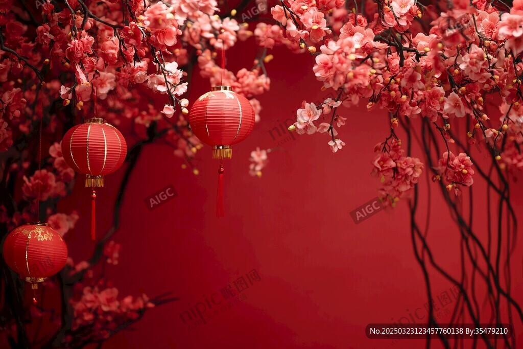 中國新年喜慶紅燈籠與梅花圖案