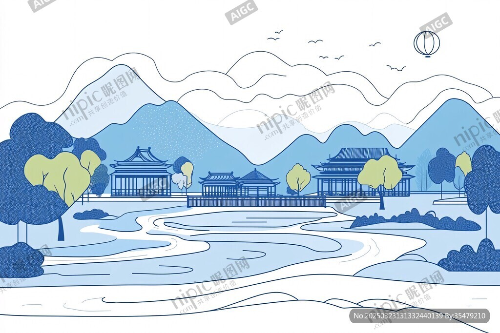 藍(lán)色山水畫風(fēng)景插圖
