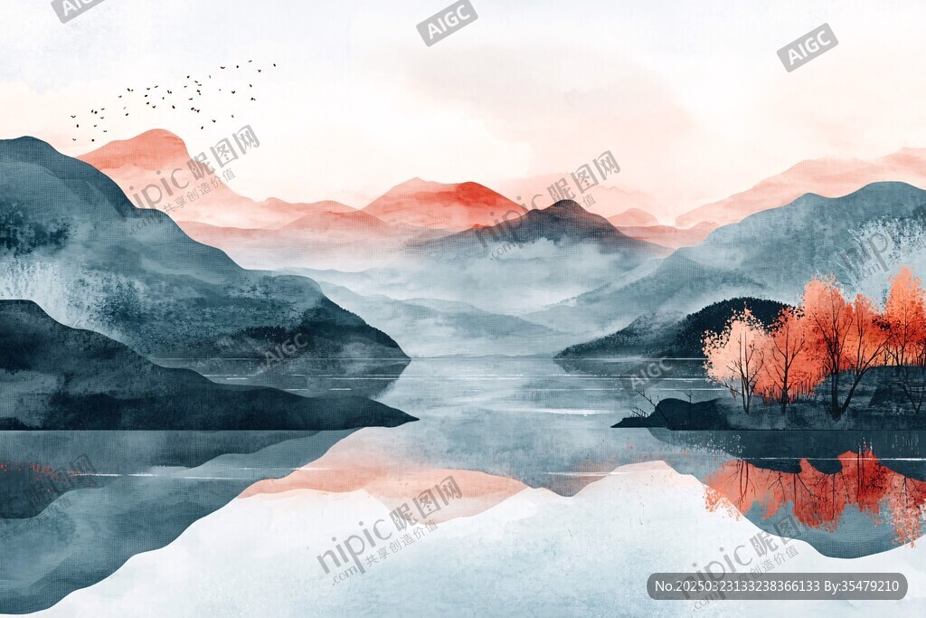 山水畫(huà)中的秋日湖泊