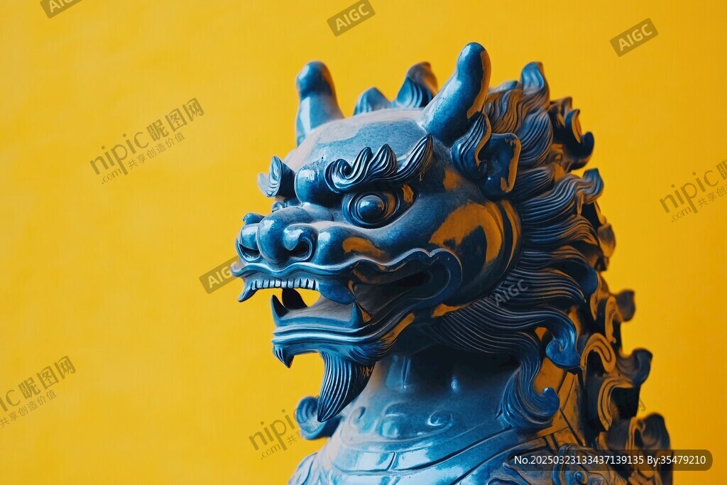 藍(lán)色陶瓷龍雕塑 背景為黃色