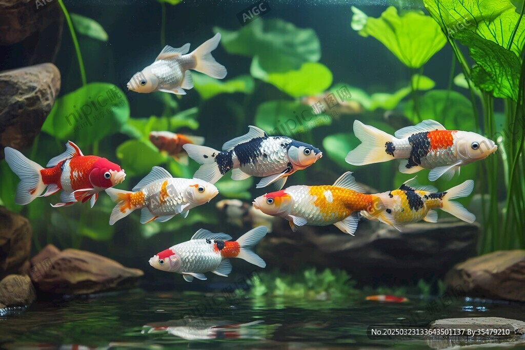 色彩斑斕的金魚在水草中游弋