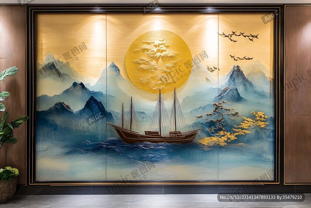 山水畫中的帆船與月亮