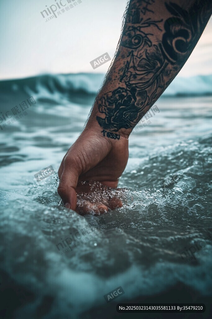 手臂紋身與海浪的邂逅