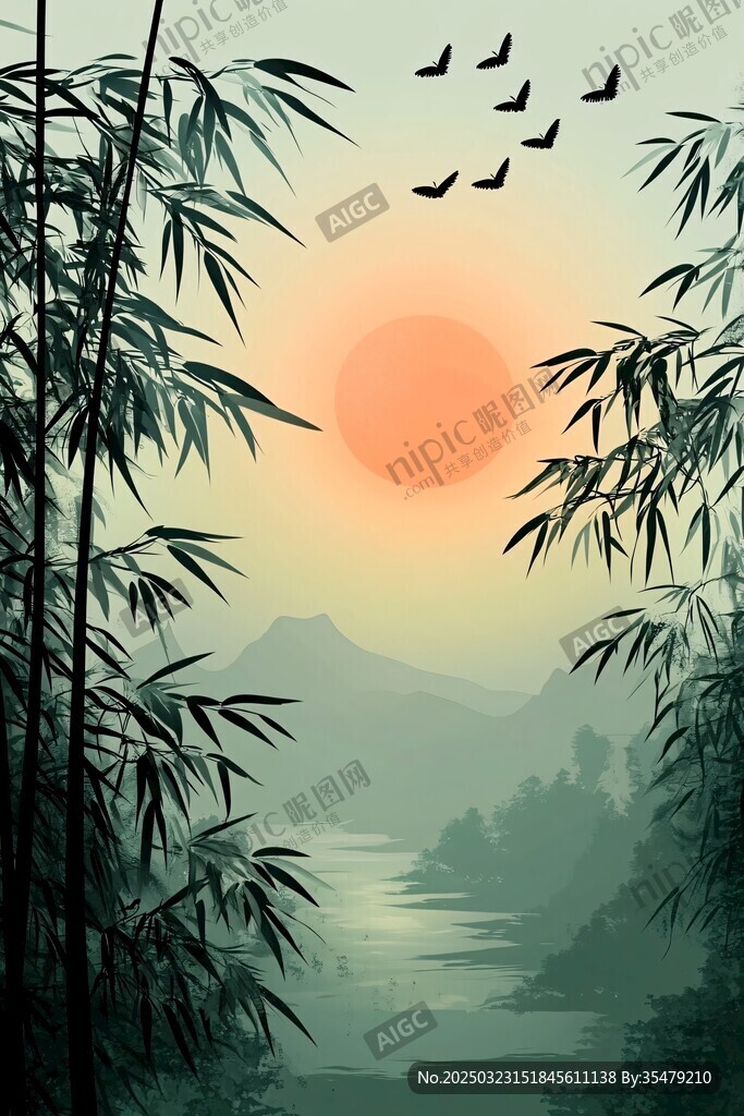 竹林日出山水畫