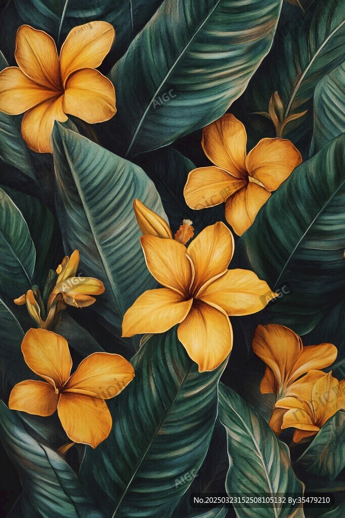 熱帶風(fēng)情的金色花朵與翠綠葉子