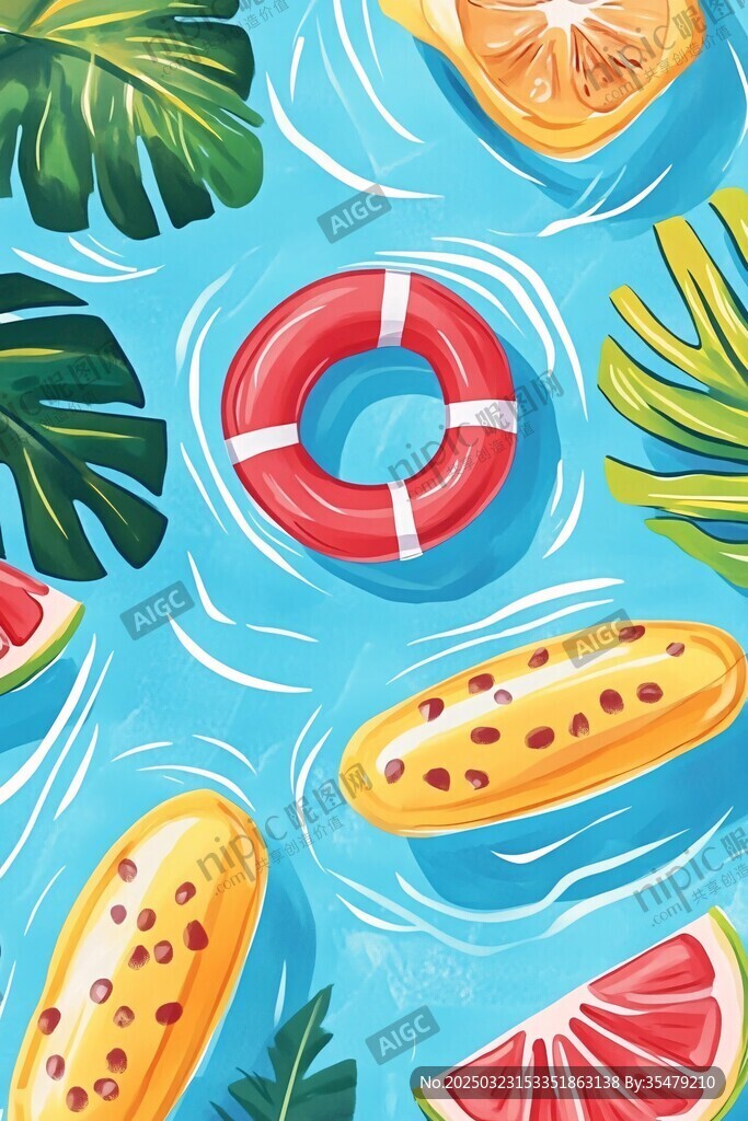 夏日水果與熱帶葉子在清澈藍色水中的插畫